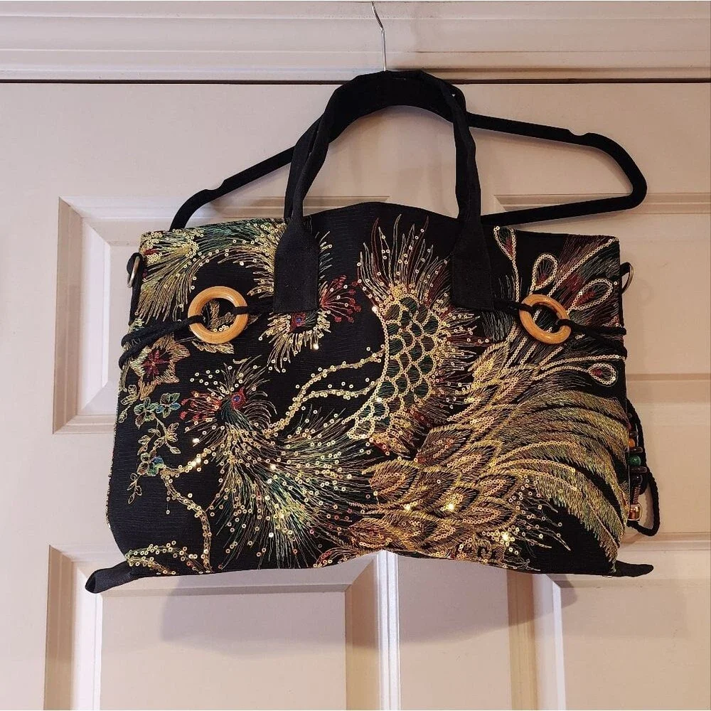 Vintage Embroidery new in bag black peacock sequin shoulder bag